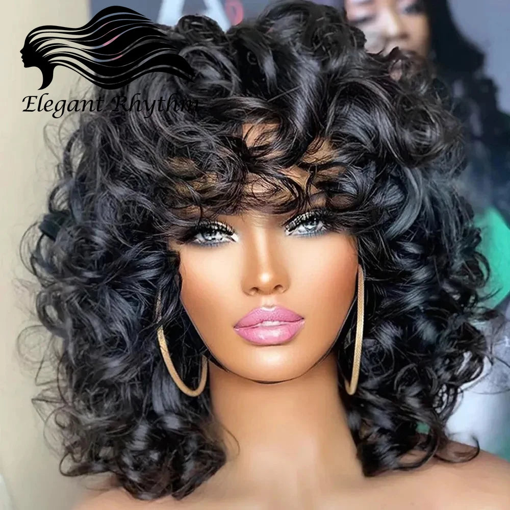 Short Curly Bob Wig Human Hair With Bangs Ready to Go Glueless Bouncy Curly Human Hair Wigs Machine Made Afro Wigs for Women Hair Style