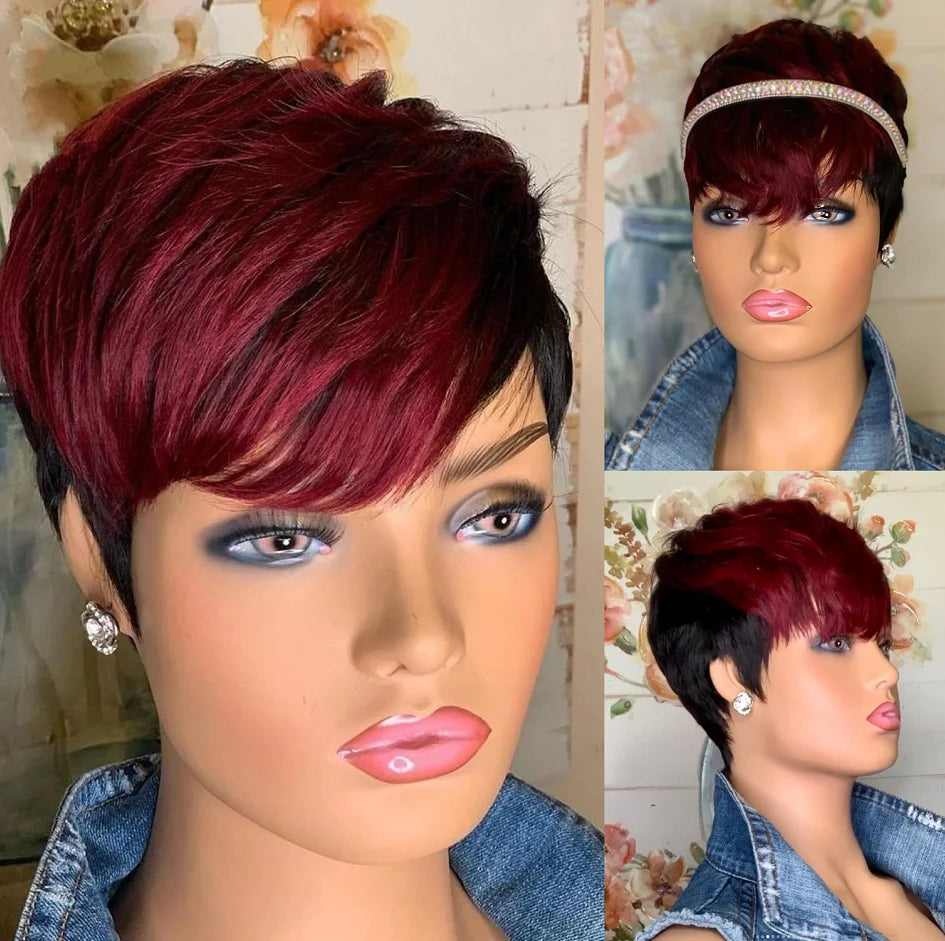 WIGERA Highlight Synthetic Hair Wigs Short Straight  Pixie Cut Hair Bob Wig Honey Gold Mix Black For Woman Daily Use