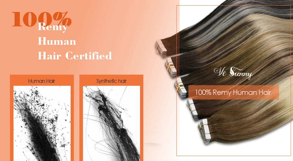 [NEW]VeSunny Tape In Hair Extensions and Accessories Human Hair Wigs Real Natural Hair Balayage Color #4-14-60 Skin Weft Straight Seamless Wig