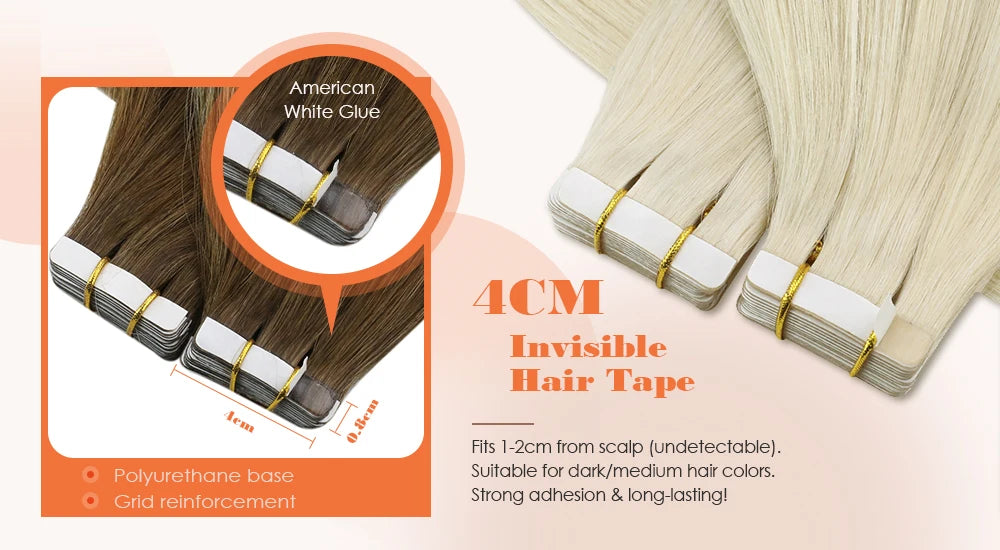 [NEW]VeSunny Tape In Hair Extensions and Accessories Human Hair Wigs Real Natural Hair Balayage Color #4-14-60 Skin Weft Straight Seamless Wig