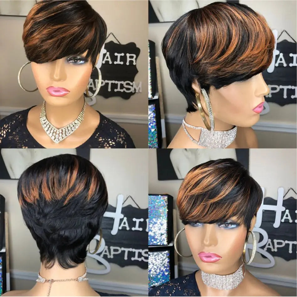 WIGERA Highlight Synthetic Hair Wigs Short Straight  Pixie Cut Hair Bob Wig Honey Gold Mix Black For Woman Daily Use