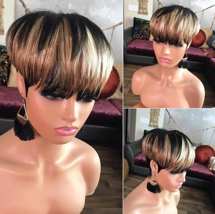 WIGERA Highlight Synthetic Hair Wigs Short Straight  Pixie Cut Hair Bob Wig Honey Gold Mix Black For Woman Daily Use