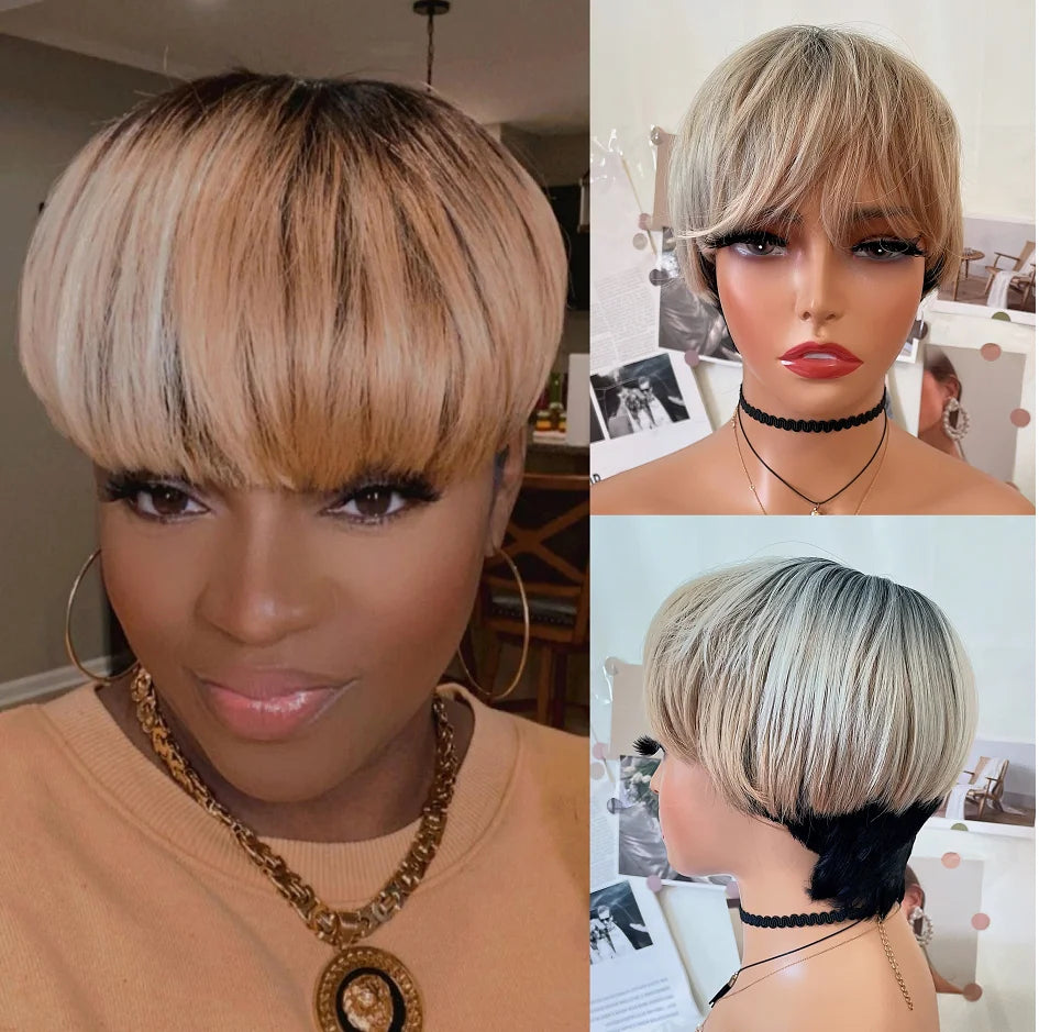 WIGERA Highlight Synthetic Hair Wigs Short Straight  Pixie Cut Hair Bob Wig Honey Gold Mix Black For Woman Daily Use