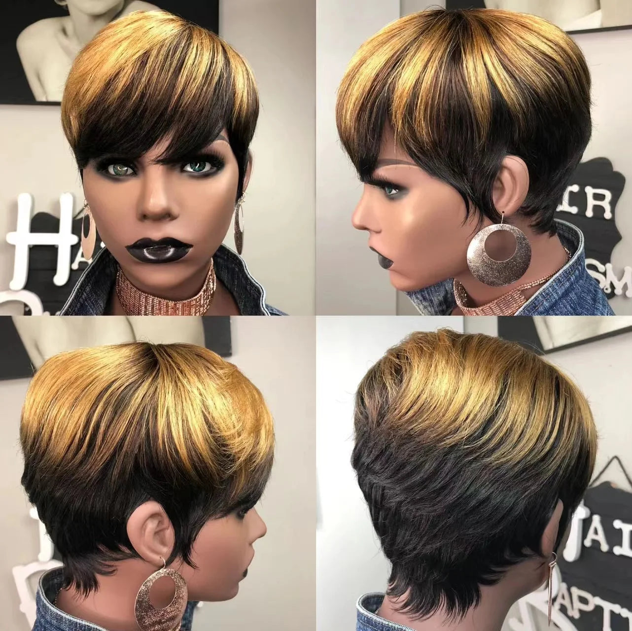 WIGERA Highlight Synthetic Hair Wigs Short Straight  Pixie Cut Hair Bob Wig Honey Gold Mix Black For Woman Daily Use