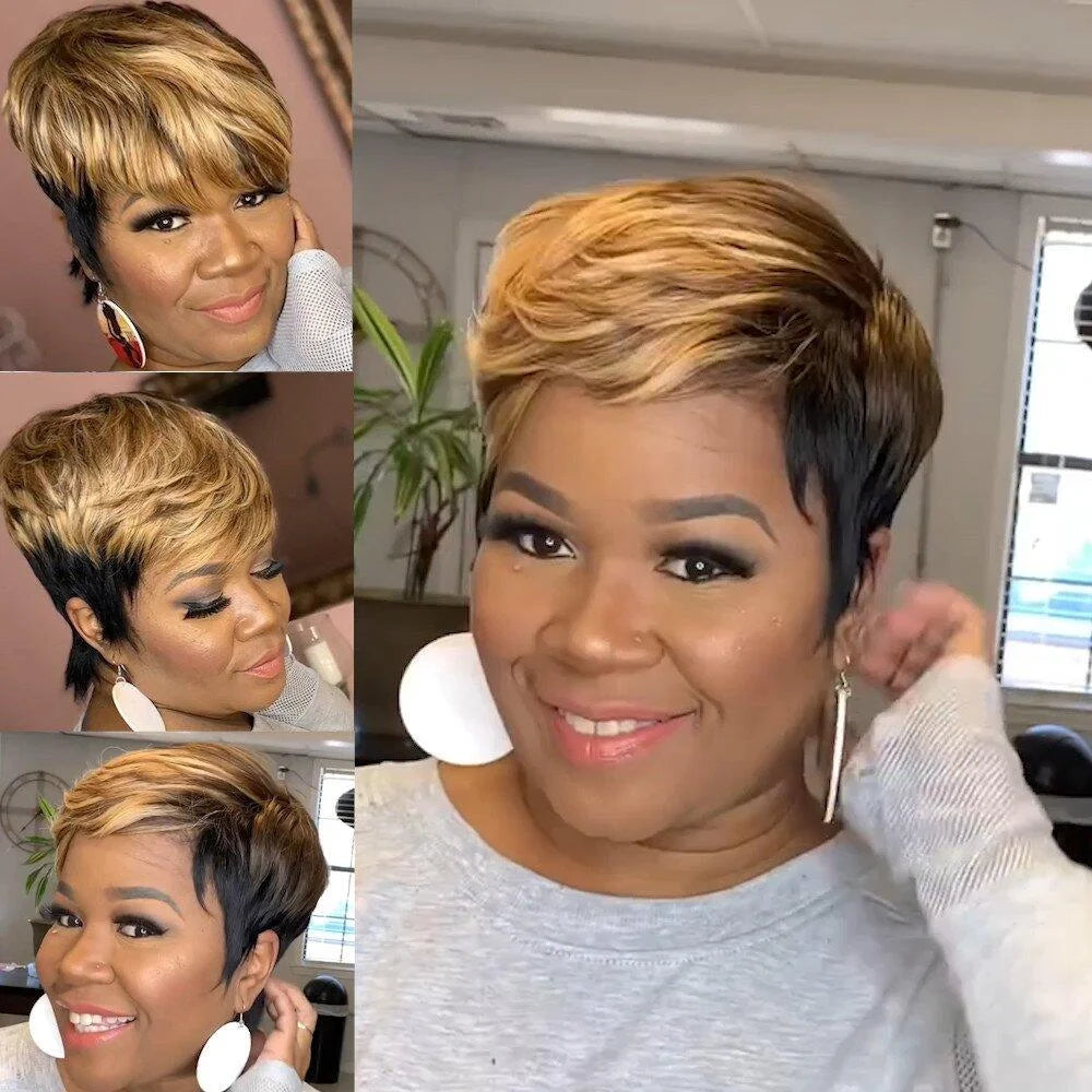 WIGERA Highlight Synthetic Hair Wigs Short Straight  Pixie Cut Hair Bob Wig Honey Gold Mix Black For Woman Daily Use