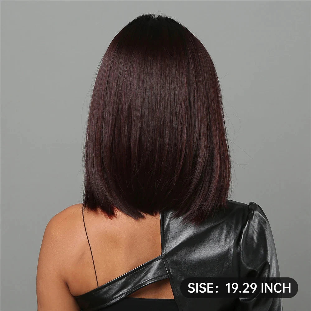 Medium Length Chestnut Brown Synthetic Wigs Hair Middle Part Wine Red Highlights Straight Wig Heat Resistant for Women Party Cosplay