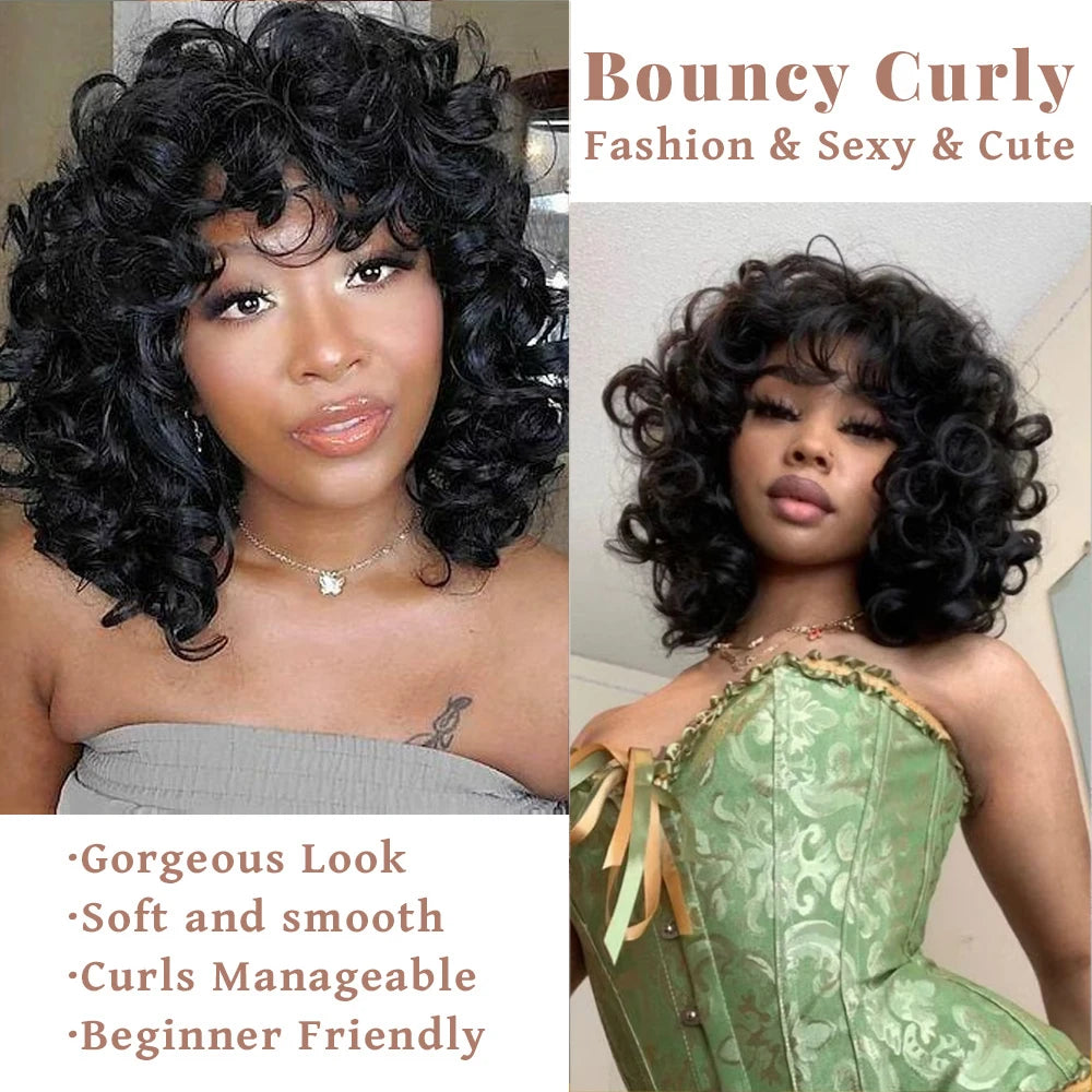 Short Curly Bob Wig Human Hair With Bangs Ready to Go Glueless Bouncy Curly Human Hair Wigs Machine Made Afro Wigs for Women Hair Style
