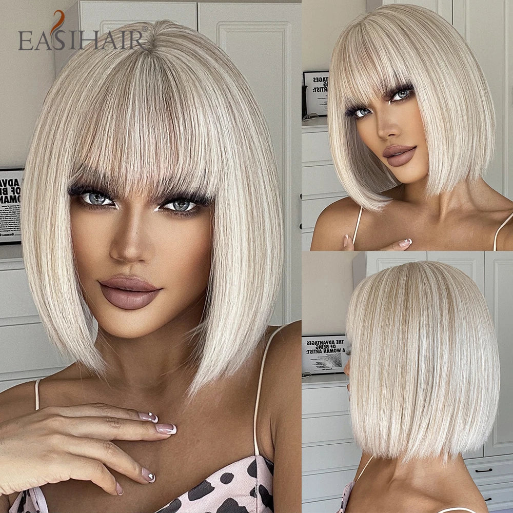 EASIHAIR Synthetic Bob Wig with Bang Short Straight Light Blonde Beige Natural Wigs Hair for Women Daily Cosplay Heat Resistant