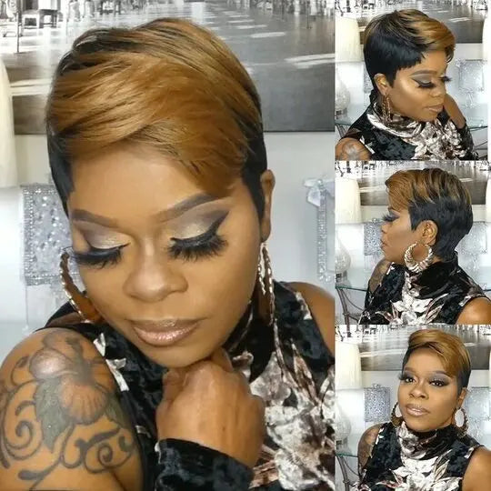 WIGERA Highlight Synthetic Hair Wigs Short Straight  Pixie Cut Hair Bob Wig Honey Gold Mix Black For Woman Daily Use