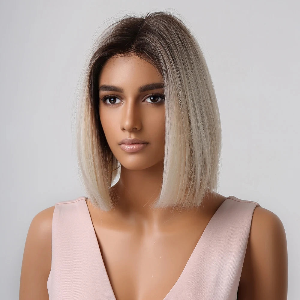 Brown Blonde Ombre Synthetic Hair Wigs Short Straight Bob Wig for Women Middle Part Lolita Cosplay Natural Hair Heat Resistant Fiber