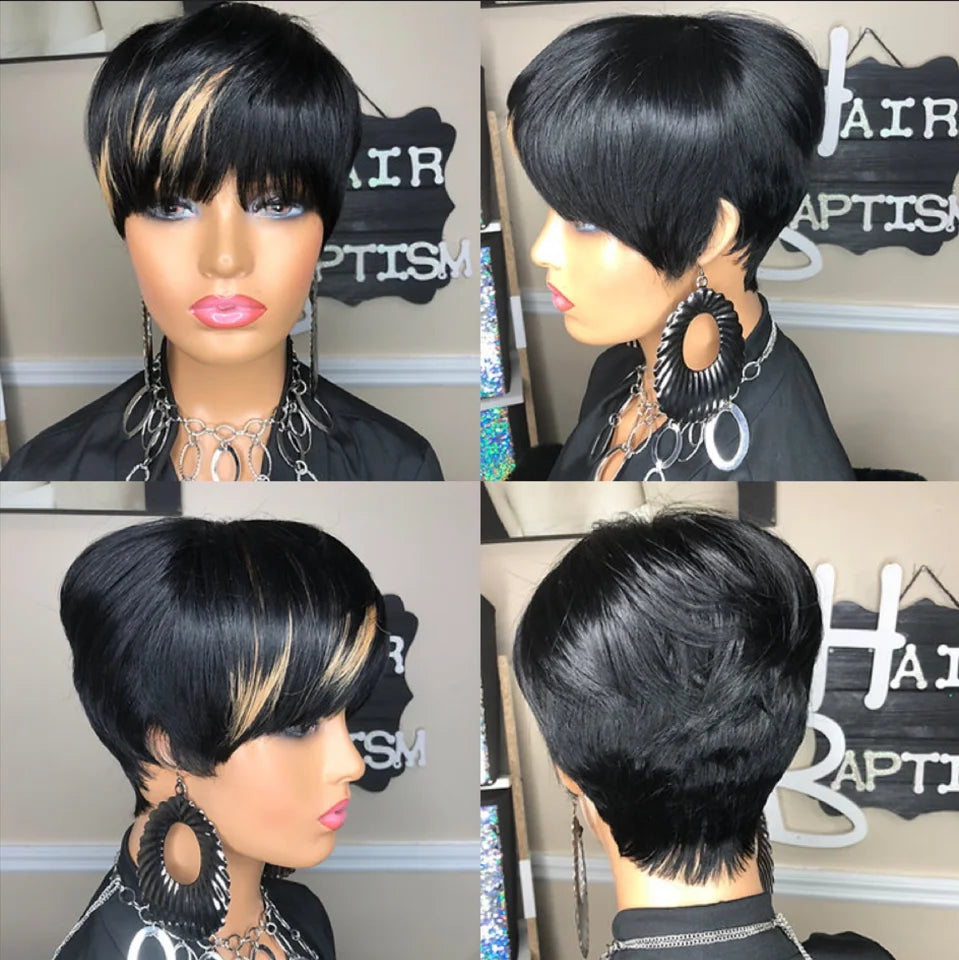 WIGERA Highlight Synthetic Hair Wigs Short Straight  Pixie Cut Hair Bob Wig Honey Gold Mix Black For Woman Daily Use