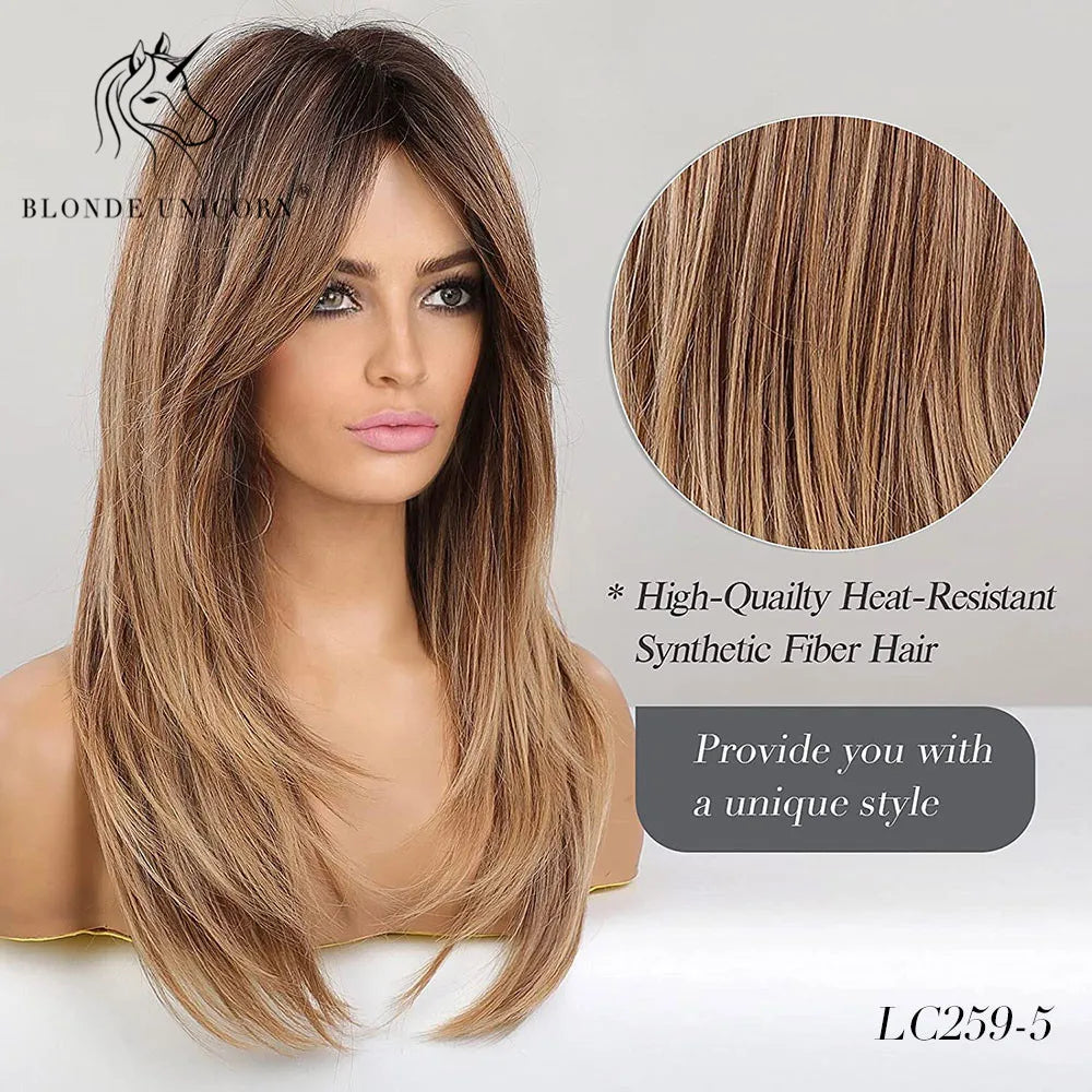 Blonde Unicorn Synthetic Medium Long Straight Brown Blonde Wig For Women Cosplay Daily Party Wigs Heat Resistant False Hair Style