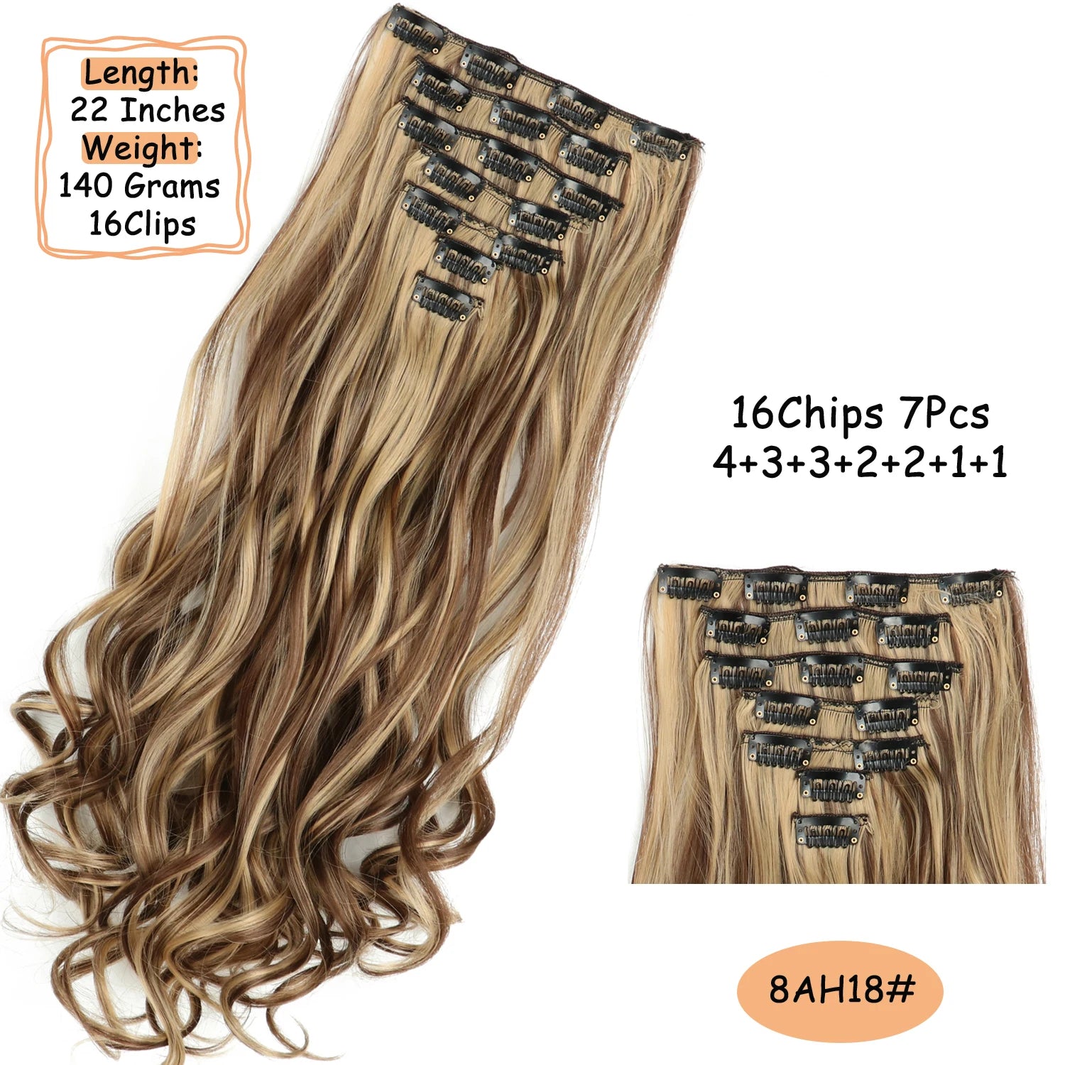 NICESY 16Clips Synthetic 24Inch Wig Long Curly Hair Hairpiece Heat Resistant Hair Extension and Accessories Clips In Ombre Black Brown Blond for Women Hair Style Wigs