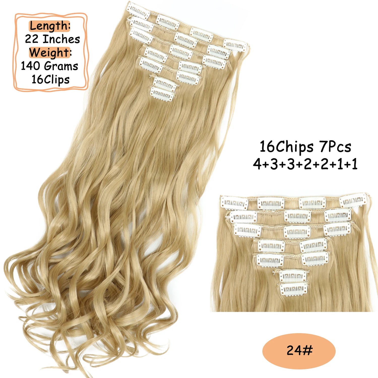 NICESY 16Clips Synthetic 24Inch Wig Long Curly Hair Hairpiece Heat Resistant Hair Extension and Accessories Clips In Ombre Black Brown Blond for Women Hair Style Wigs