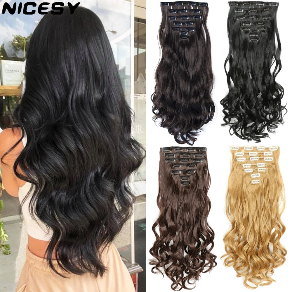 NICESY 16Clips Synthetic 24Inch Wig Long Curly Hair Hairpiece Heat Resistant Hair Extension and Accessories Clips In Ombre Black Brown Blond for Women Hair Style Wigs