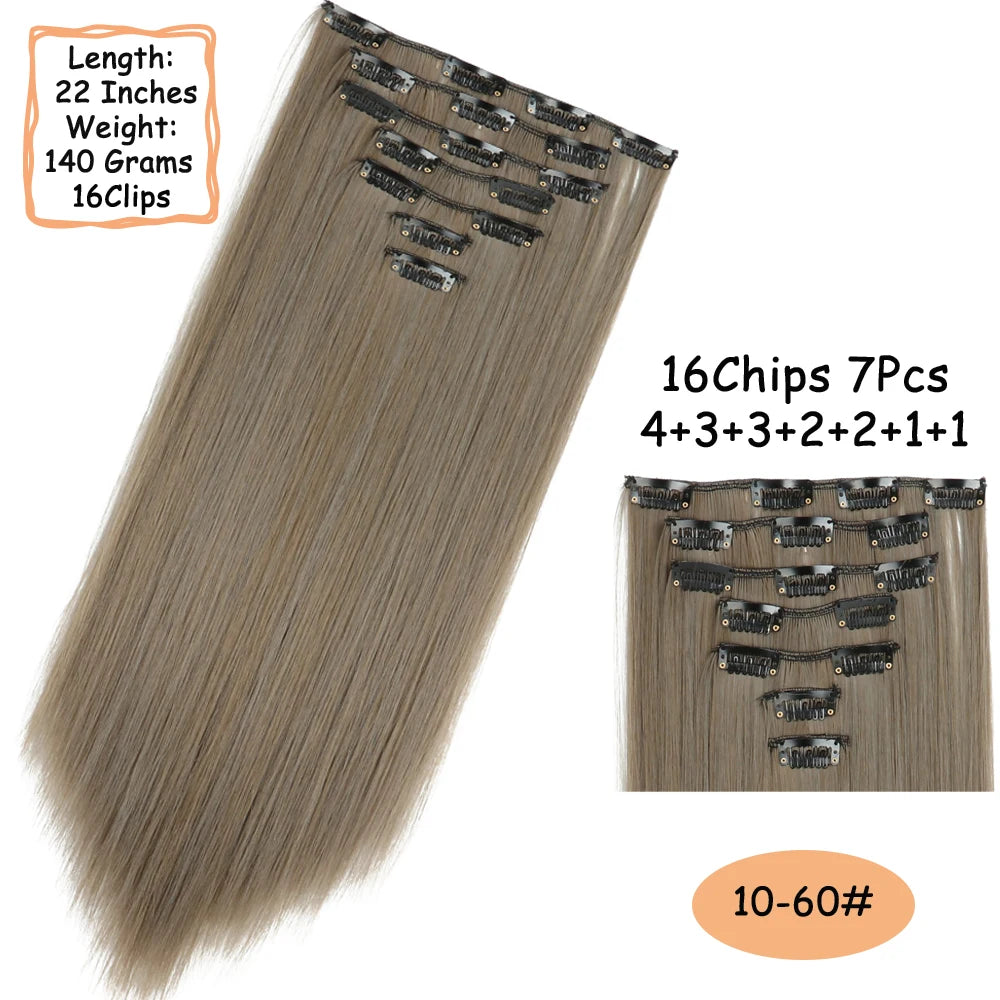 NICESY 16Clips Synthetic 24Inch Wig Long Curly Hair Hairpiece Heat Resistant Hair Extension and Accessories Clips In Ombre Black Brown Blond for Women Hair Style Wigs