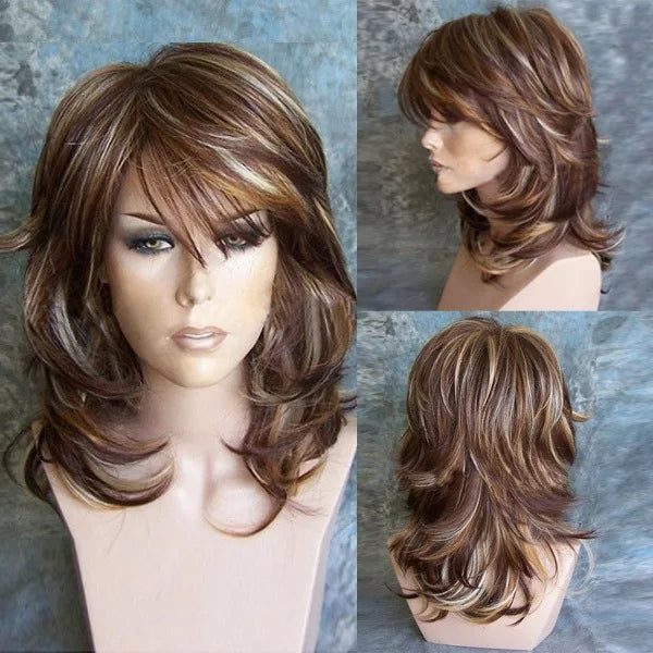 SuQ Classic Curly Wig Synthetic Natural For Women Hair Wigs Cosplay Brown With Blonde Heat Resistant Daily Wigs