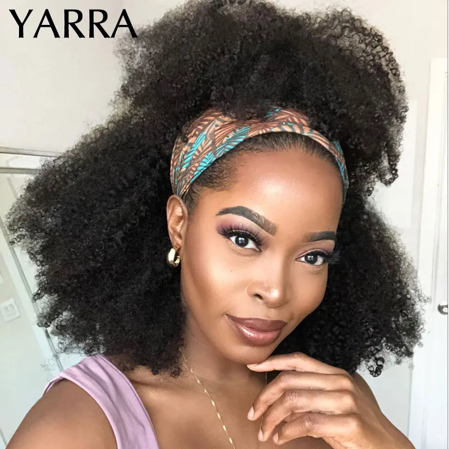 Afro Kinky Curly Human Hair Headband Wig For Black Women 180% Density Brazilian Remy Full Machine Made 100% Human Hair Wigs YARRA