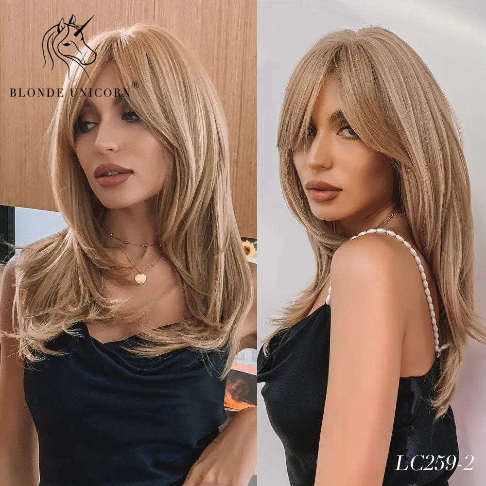Blonde Unicorn Synthetic Medium Long Straight Brown Blonde Wig For Women Cosplay Daily Party Wigs Heat Resistant False Hair Style