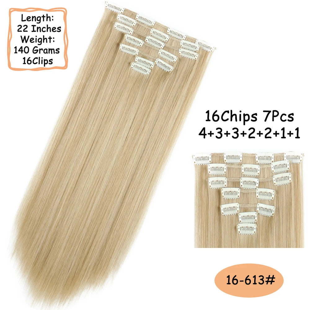 NICESY 16Clips Synthetic 24Inch Wig Long Curly Hair Hairpiece Heat Resistant Hair Extension and Accessories Clips In Ombre Black Brown Blond for Women Hair Style Wigs