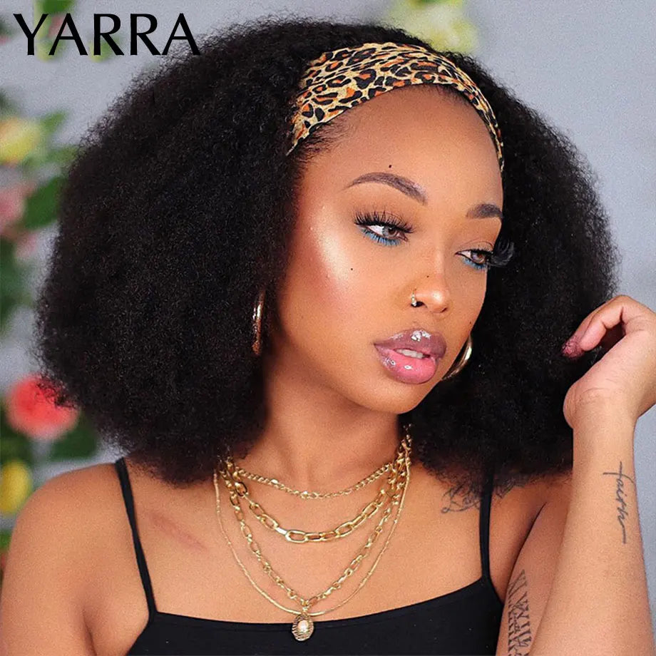 Afro Kinky Curly Human Hair Headband Wig For Black Women 180% Density Brazilian Remy Full Machine Made 100% Human Hair Wigs YARRA