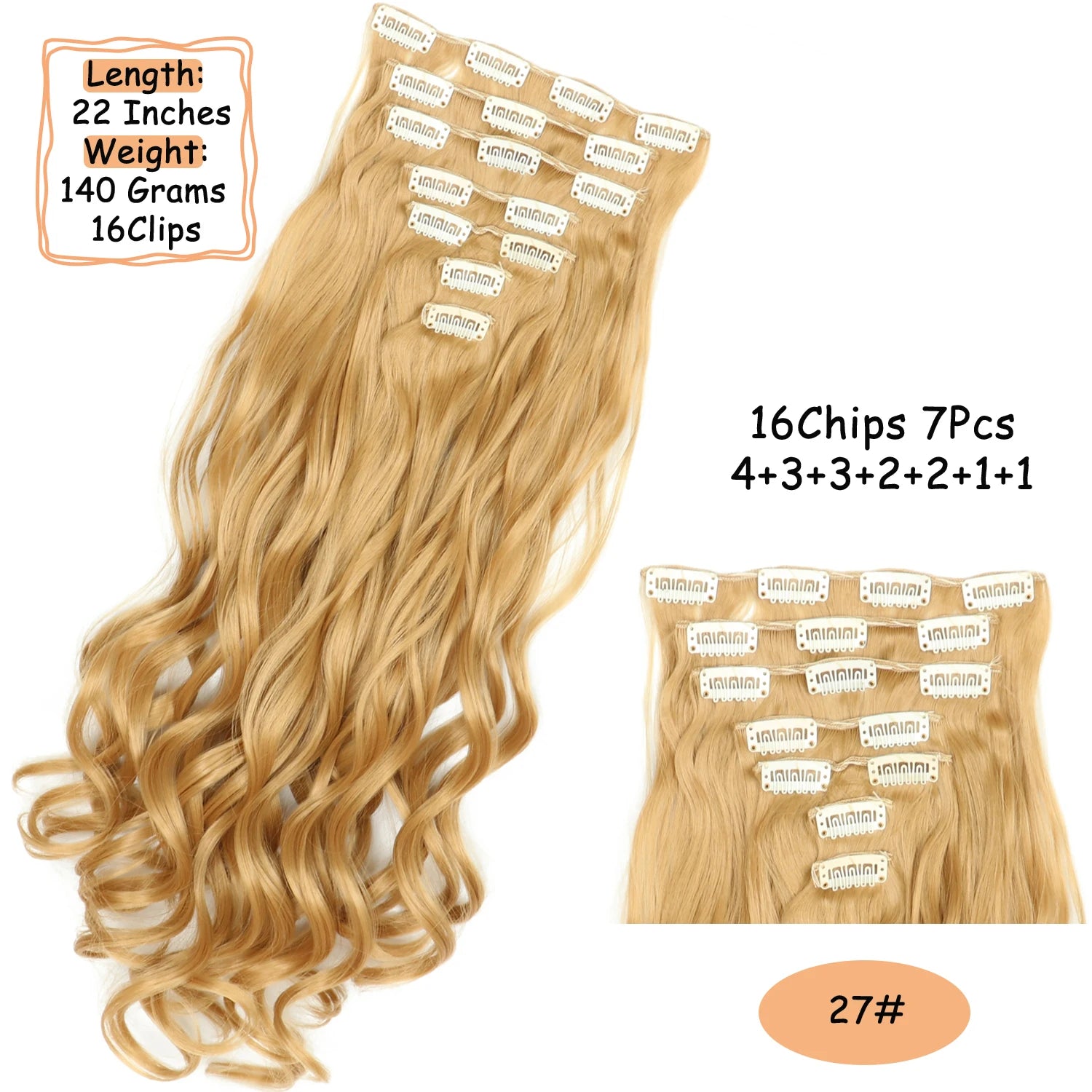 NICESY 16Clips Synthetic 24Inch Wig Long Curly Hair Hairpiece Heat Resistant Hair Extension and Accessories Clips In Ombre Black Brown Blond for Women Hair Style Wigs