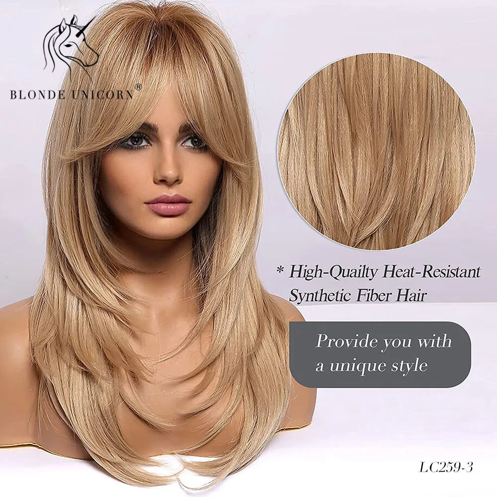 Blonde Unicorn Synthetic Medium Long Straight Brown Blonde Wig For Women Cosplay Daily Party Wigs Heat Resistant False Hair Style