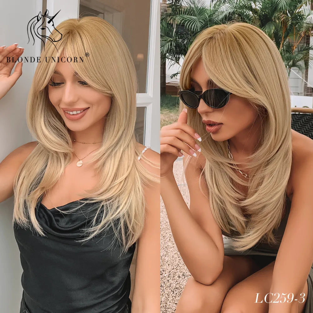 Blonde Unicorn Synthetic Medium Long Straight Brown Blonde Wig For Women Cosplay Daily Party Wigs Heat Resistant False Hair Style