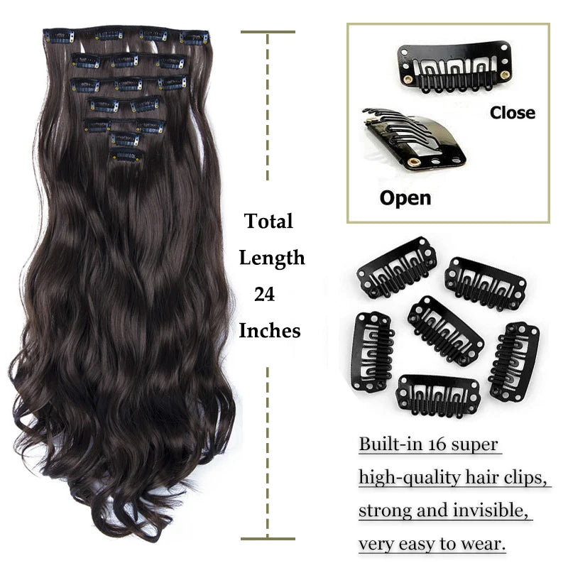 NICESY 16Clips Synthetic 24Inch Wig Long Curly Hair Hairpiece Heat Resistant Hair Extension and Accessories Clips In Ombre Black Brown Blond for Women Hair Style Wigs