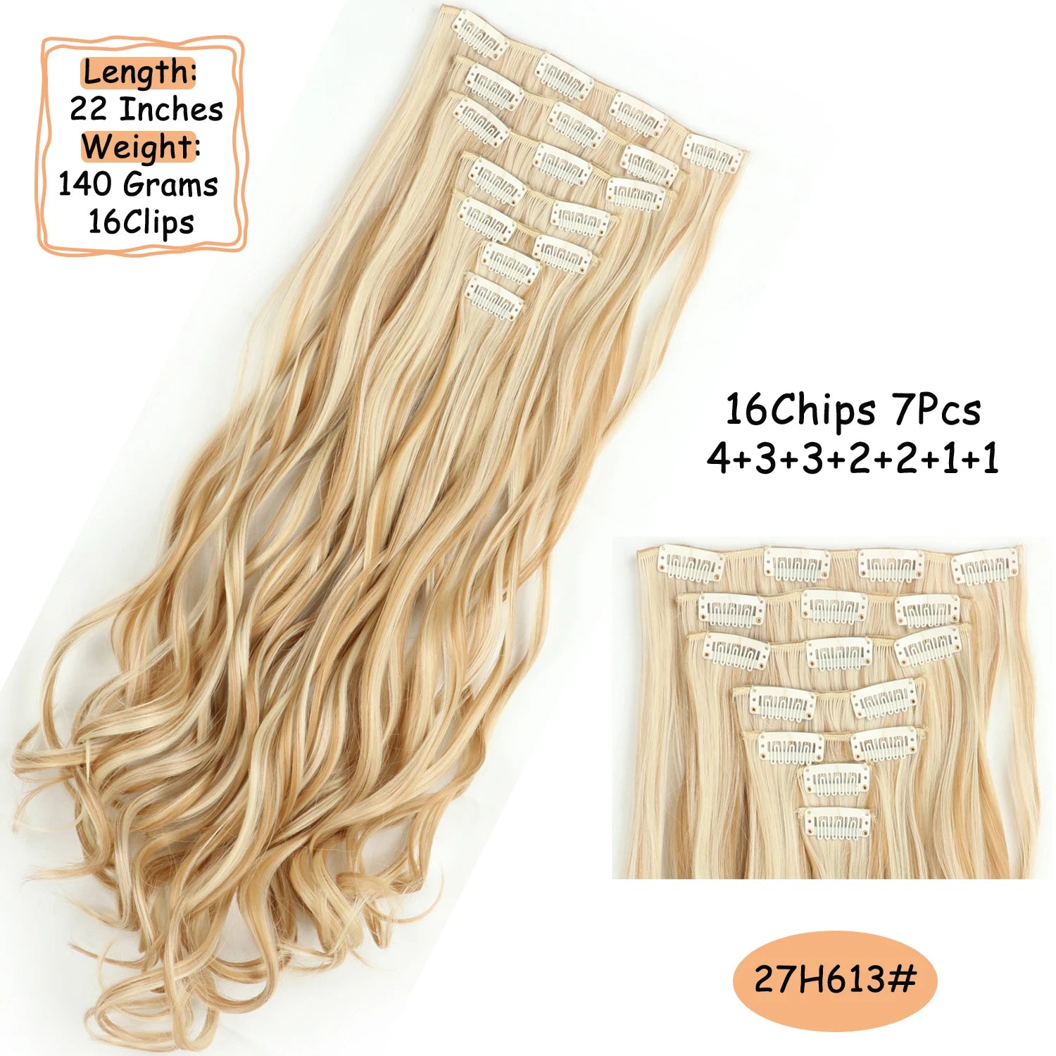 NICESY 16Clips Synthetic 24Inch Wig Long Curly Hair Hairpiece Heat Resistant Hair Extension and Accessories Clips In Ombre Black Brown Blond for Women Hair Style Wigs