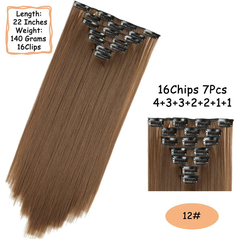 NICESY 16Clips Synthetic 24Inch Wig Long Curly Hair Hairpiece Heat Resistant Hair Extension and Accessories Clips In Ombre Black Brown Blond for Women Hair Style Wigs