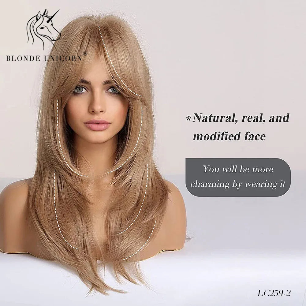 Blonde Unicorn Synthetic Medium Long Straight Brown Blonde Wig For Women Cosplay Daily Party Wigs Heat Resistant False Hair Style
