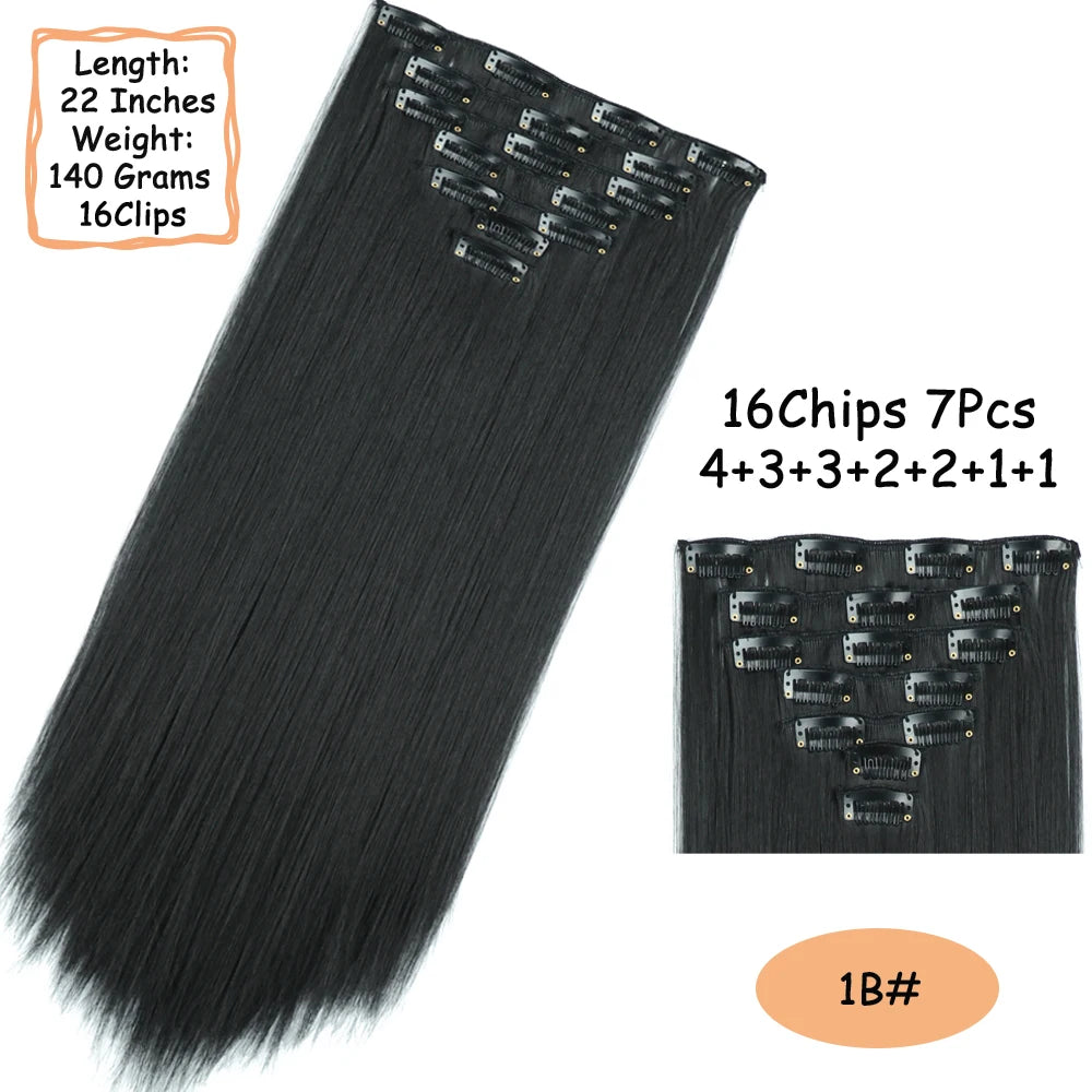 NICESY 16Clips Synthetic 24Inch Wig Long Curly Hair Hairpiece Heat Resistant Hair Extension and Accessories Clips In Ombre Black Brown Blond for Women Hair Style Wigs