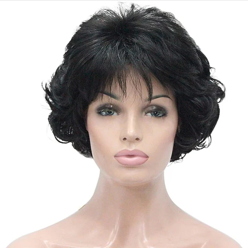 HAIRJOY Women Wig 2 Tones Grey White Ombre Synthetic Short Layered Curly Hair Wigs Puffy  Bangs Heat Resistant Fiber for Women Hair Style
