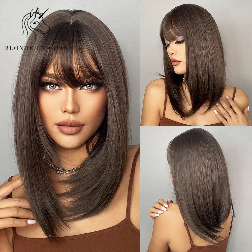 Blonde Unicorn Synthetic Medium Long Straight Brown Blonde Wig For Women Cosplay Daily Party Wigs Heat Resistant False Hair Style