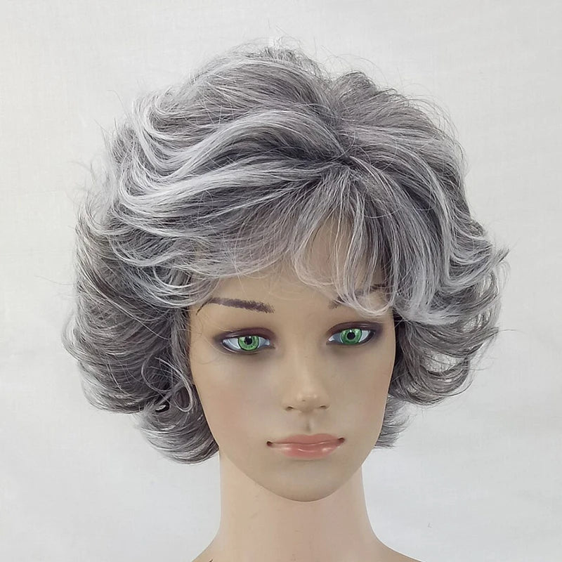 HAIRJOY Women Wig 2 Tones Grey White Ombre Synthetic Short Layered Curly Hair Wigs Puffy  Bangs Heat Resistant Fiber for Women Hair Style
