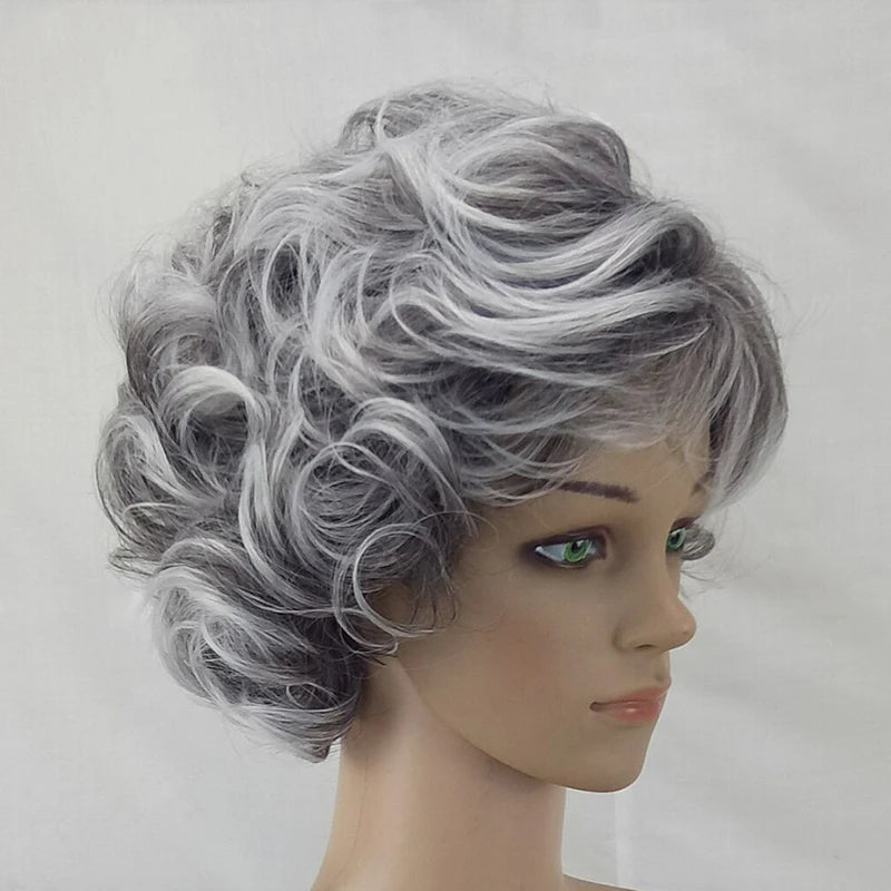 HAIRJOY Women Wig 2 Tones Grey White Ombre Synthetic Short Layered Curly Hair Wigs Puffy  Bangs Heat Resistant Fiber for Women Hair Style