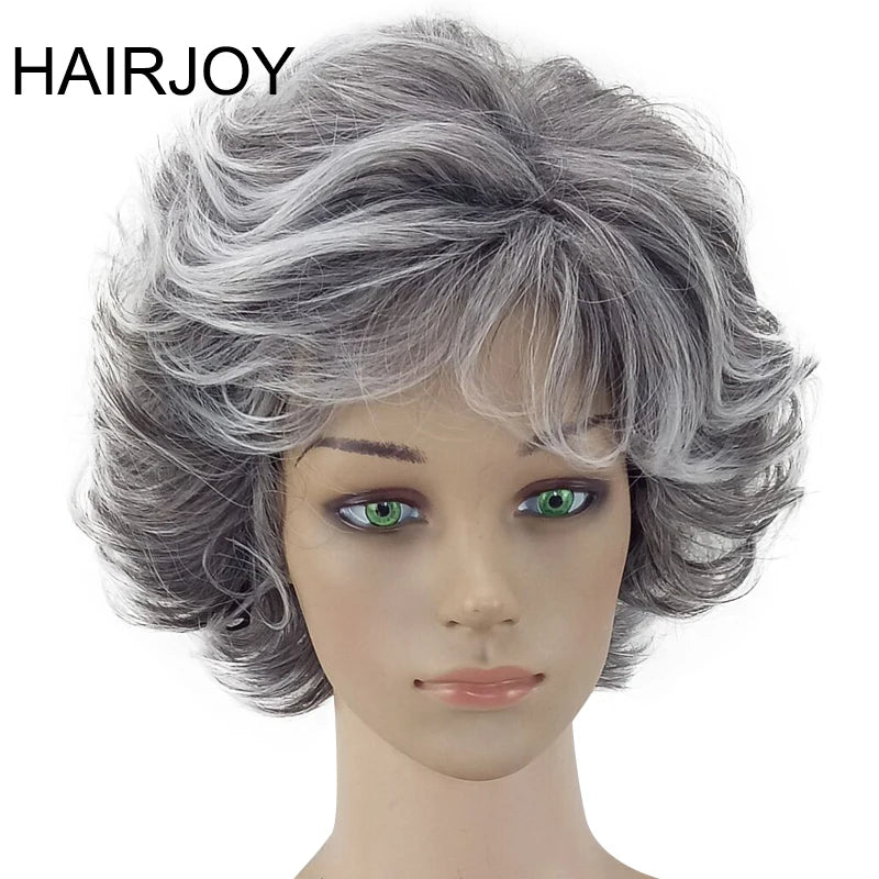 HAIRJOY Women Wig 2 Tones Grey White Ombre Synthetic Short Layered Curly Hair Wigs Puffy  Bangs Heat Resistant Fiber for Women Hair Style
