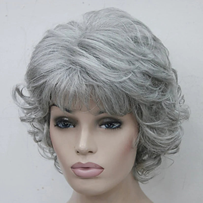 HAIRJOY Women Wig 2 Tones Grey White Ombre Synthetic Short Layered Curly Hair Wigs Puffy  Bangs Heat Resistant Fiber for Women Hair Style