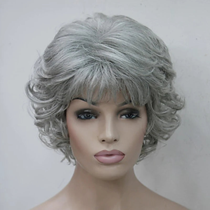 HAIRJOY Women Wig 2 Tones Grey White Ombre Synthetic Short Layered Curly Hair Wigs Puffy  Bangs Heat Resistant Fiber for Women Hair Style