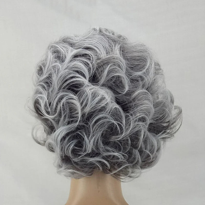 HAIRJOY Women Wig 2 Tones Grey White Ombre Synthetic Short Layered Curly Hair Wigs Puffy  Bangs Heat Resistant Fiber for Women Hair Style