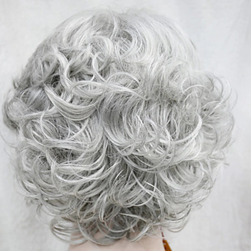 HAIRJOY Women Wig 2 Tones Grey White Ombre Synthetic Short Layered Curly Hair Wigs Puffy  Bangs Heat Resistant Fiber for Women Hair Style