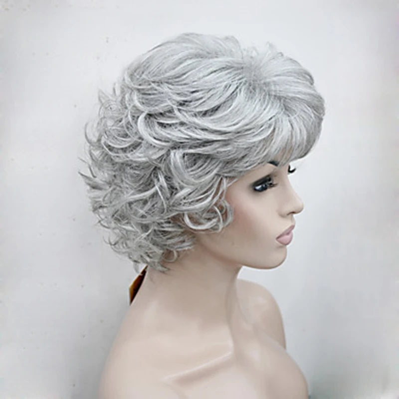 HAIRJOY Women Wig 2 Tones Grey White Ombre Synthetic Short Layered Curly Hair Wigs Puffy  Bangs Heat Resistant Fiber for Women Hair Style