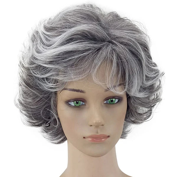 HAIRJOY Women Wig 2 Tones Grey White Ombre Synthetic Short Layered Curly Hair Wigs Puffy  Bangs Heat Resistant Fiber for Women Hair Style
