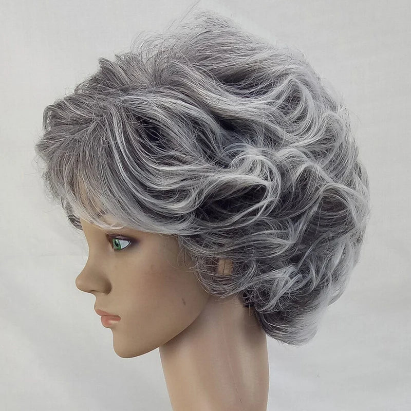 HAIRJOY Women Wig 2 Tones Grey White Ombre Synthetic Short Layered Curly Hair Wigs Puffy  Bangs Heat Resistant Fiber for Women Hair Style