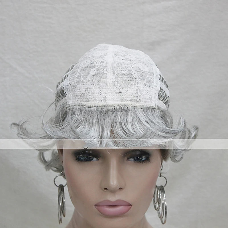 HAIRJOY Women Wig 2 Tones Grey White Ombre Synthetic Short Layered Curly Hair Wigs Puffy  Bangs Heat Resistant Fiber for Women Hair Style