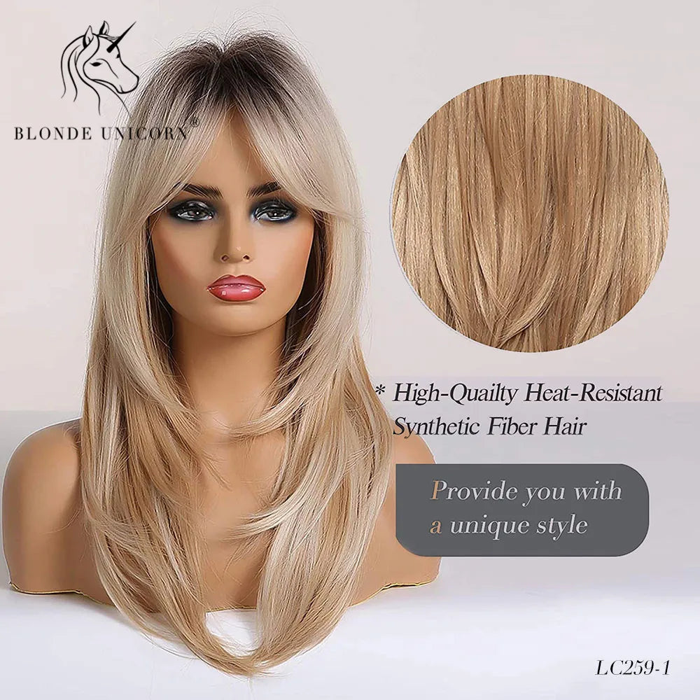 Blonde Unicorn Synthetic Medium Long Straight Brown Blonde Wig For Women Cosplay Daily Party Wigs Heat Resistant False Hair Style