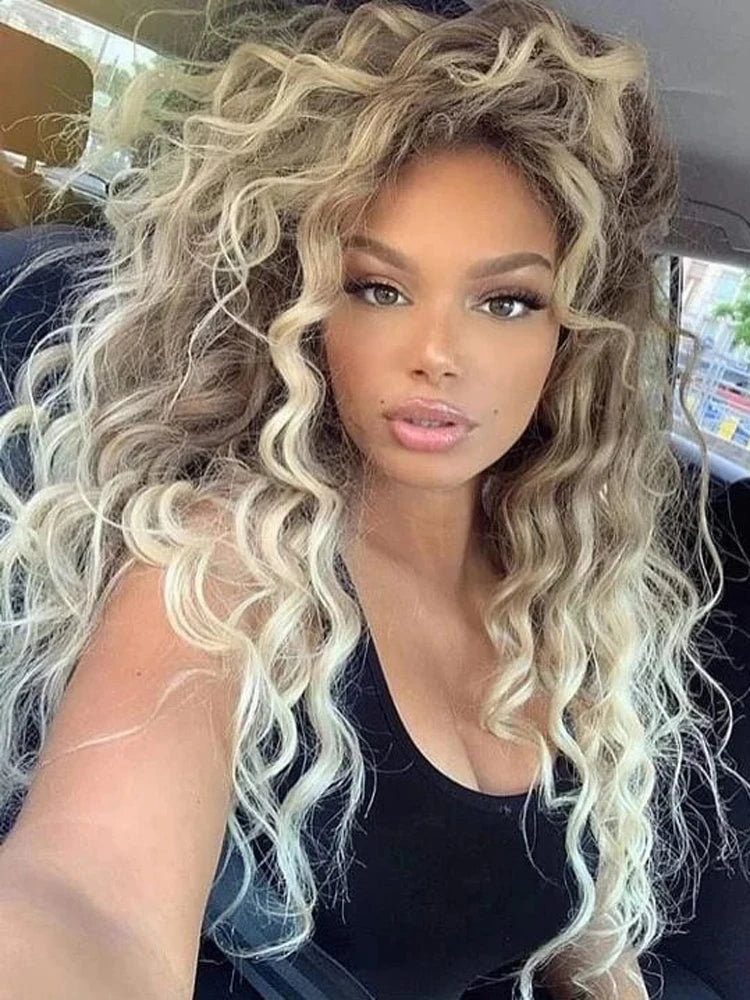 Womens Wig Long Synthetic Hair Ombre Blonde Curly Hair Wigs Female Natural Wavy Drag Queen Regular Wig 80s Gradient Hair Style Wigs for Student