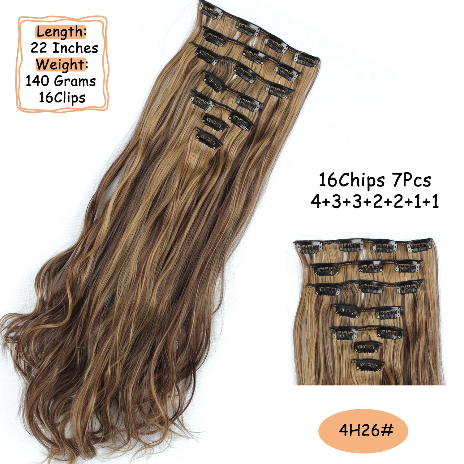 NICESY 16Clips Synthetic 24Inch Wig Long Curly Hair Hairpiece Heat Resistant Hair Extension and Accessories Clips In Ombre Black Brown Blond for Women Hair Style Wigs