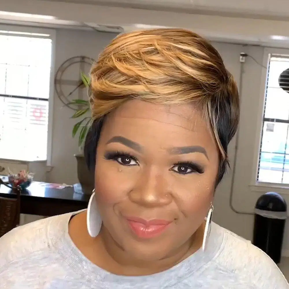 WIGERA Highlight Synthetic Hair Wigs Short Straight  Pixie Cut Hair Bob Wig Honey Gold Mix Black For Woman Daily Use